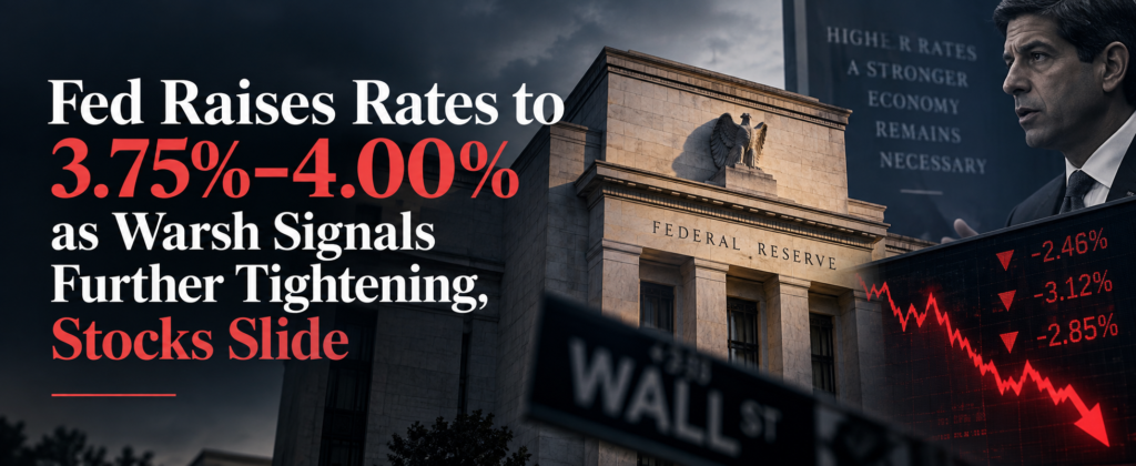 Fed Raises Rates to 3.75%–4.00% as Warsh Signals Further Tightening, Stocks Slide