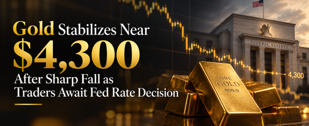 Gold Stabilizes Near $4,300 After Sharp Fall as Traders Await Fed Rate Decision